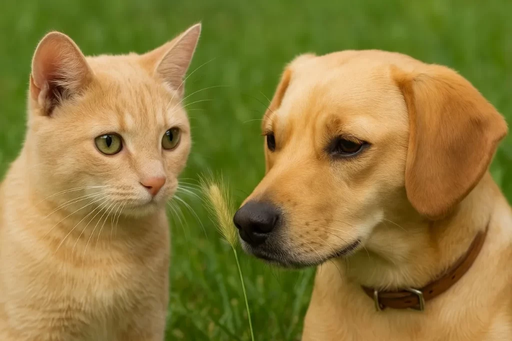 Kedi ve köpek, yeşil çimenler üzerinde pisi pisi otunu inceliyor.