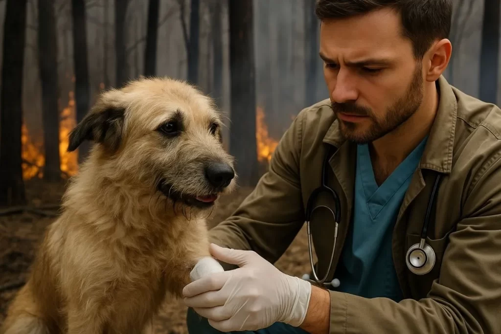 Veterinerin orman yangınında yaralanan köpeğe ilk müdahalede bulunduğu an