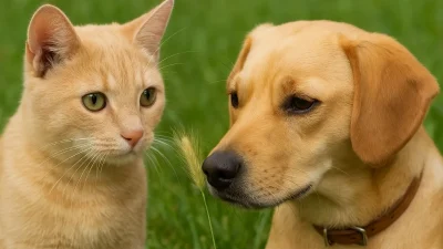 Kedi ve köpek, yeşil çimenler üzerinde pisi pisi otunu inceliyor.